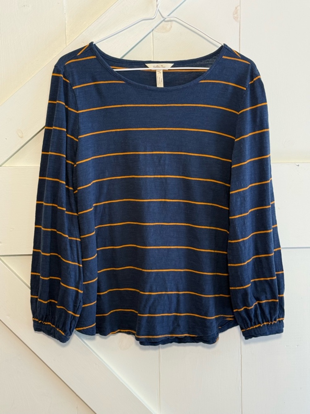 Matilda Jane Women’s Medium Navy Mustard Striped Long Sleeve Balloon Sleeve Top